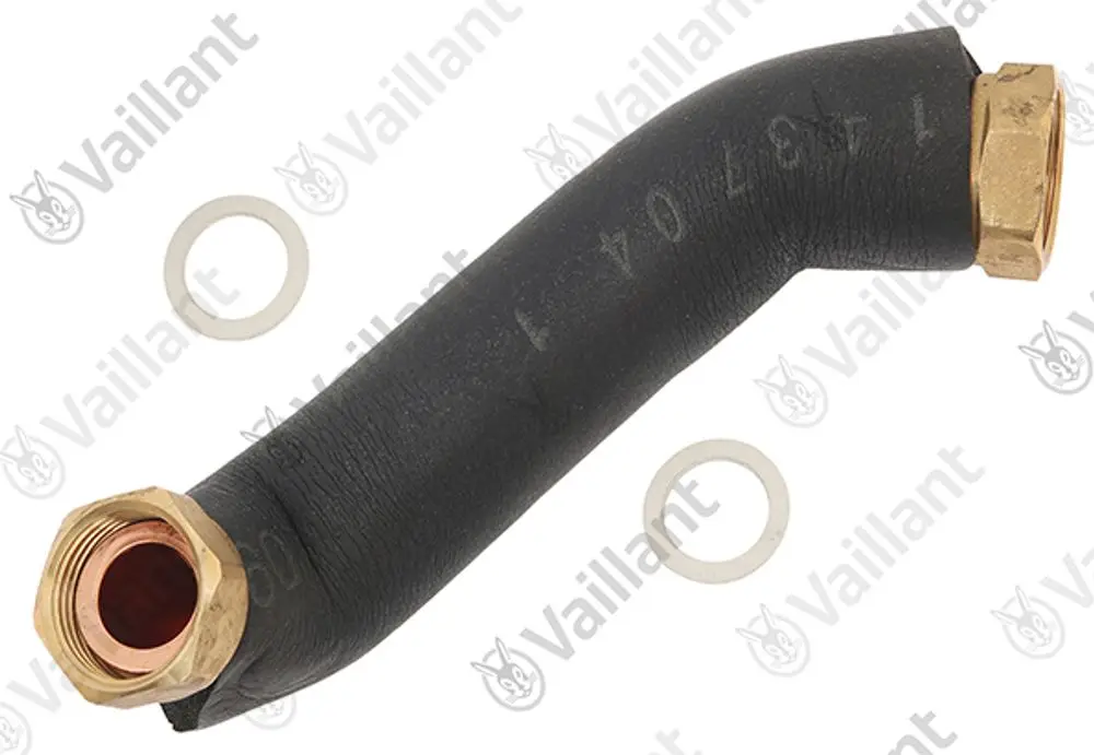 Vaillant Rohr mit gewundenem Design und zwei Messinganschlüssen, kombiniert mit einem Dichtungsring. Ideal für Installationen in Heizsystemen.